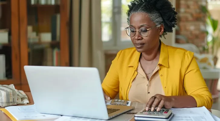 Focused-millennial-Black-business-woman-calculating-finance-money-using-calculator-laptop-computer-at-home-workplace-table-counting-budget-paying-bills-taxes-rent-mortgage-fees