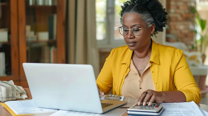 Focused-millennial-Black-business-woman-calculating-finance-money-using-calculator-laptop-computer-at-home-workplace-table-counting-budget-paying-bills-taxes-rent-mortgage-fees