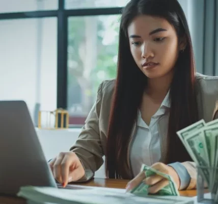 Lady-holding-cash-while-looking-at-laptop