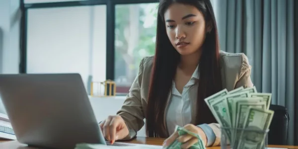 Lady-holding-cash-while-looking-at-laptop