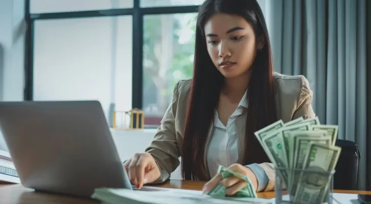 Lady-holding-cash-while-looking-at-laptop