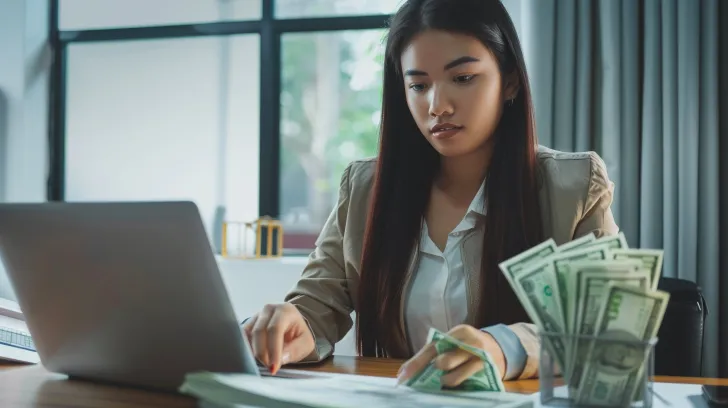 Lady-holding-cash-while-looking-at-laptop